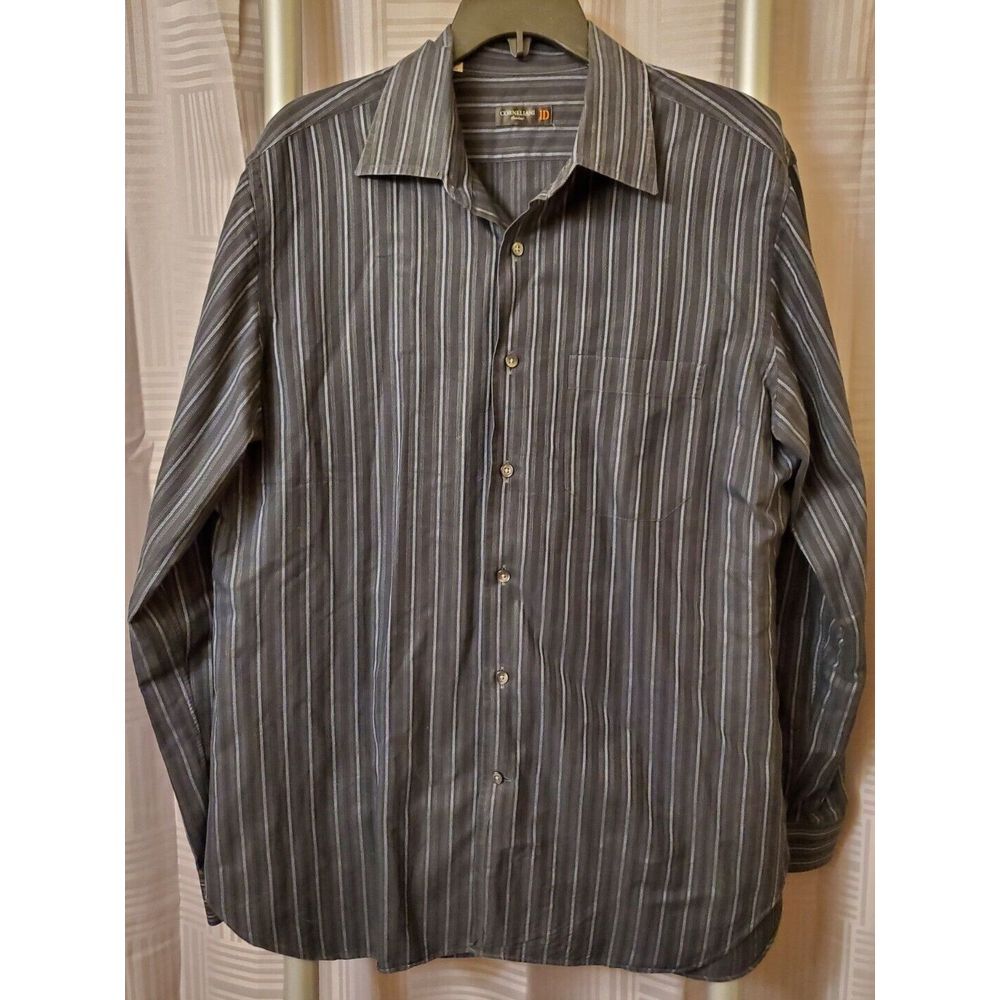 Corneliani 17 43 Long Sleeve 100% Cotton Black Gray Striped Button Front‎ Shirt